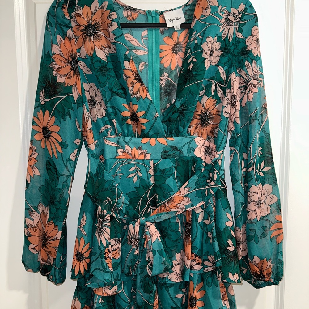 Boutique Teal Floral Long Sleeve Romper
